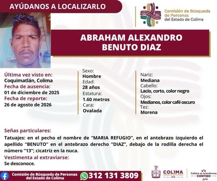 Desaparece Abraham Alexandro Benuto Díaz en Coquimatlán: Solicitan ayuda para su búsqueda